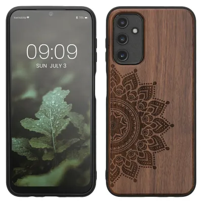 Produktbild von kwmobile Handyhülle für Samsung Galaxy A14 5G Hülle Holz - Case mit TPU Bumper - Stoßfestes Hardcase - Schutzhülle Cover in Dunkelbraun