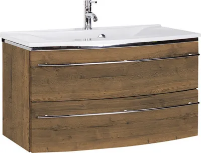 Produktbild von Marlin Badmöbel-Set 3040 BxHxT 92,4 x 90 x 48 cm Frontfarbe eiche braun mit Waschtisch Mineralmarmor weiß Griff chrom CP
