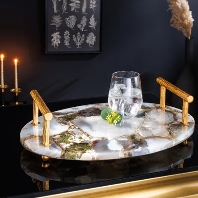 Produktbild von riess-ambiente Deko Serviertablett NOBLE 40cm Edelstein Achat Quarz Goldgriffe Tablett Quarz-Tablett Steintablett