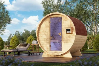 Image de Karibu Saunahaus : Sauna extérieure, sauna de jardin, sauna en fût. Modèle 1,5, non traité, sans accessoires. Bois massif de 38 mm. Dimensions : 224 x 220 x 229 cm