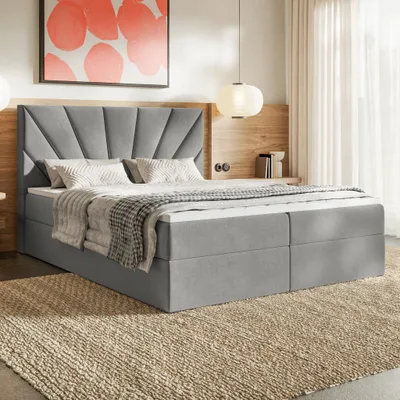 Produktbild von MOTIVENA Aspen Boxspringbett 160x200 Grau Samt (Jasmine 90), Bonellfederkern-Matratze (H4), T28 Komfortschaumstoff Topper (H3)