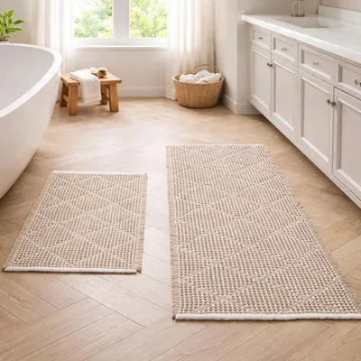 Produktbild von Großes, zweiteiliges Badteppich-Set, rutschfest, waschbar, im Boho-Stil, rautenförmige Bade-/Duschmatte für Bad, Waschküche, Wohnzimmer, Schlafzimmer, braun, 46 x 77 cm und 51 x 120 cm