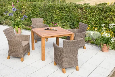 Produktbild von Merxx 9tlg. Toskana Gartenmöbelset, natur - 4 Sessel + 4 Kissen, 1 Tisch - Farbe: natur - Maße: Sessel: 65 x 66 x 89 Tisch: 110 x 110 x 75; 4x 28400-211 + 1x 23136-011