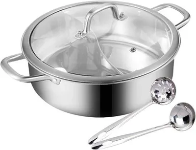 Produktbild von Hot-Pot-Pfanne, Durchmesser 28 cm/32 cm – Edelstahl – 2 Kammern mit Glasdeckel – ideal zum Kochen – Luxento