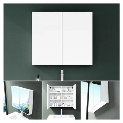 Produktbild von Spiegelschrank mit 2 Spiegeltüren, Badezimmerschrank, Hängeschrank, Badezimmerspiegel, BxTxH 80x15x70 cm, Weiß matt