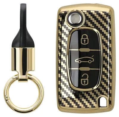 Produktbild von kwmobile Autoschlüssel Hülle kompatibel mit Peugeot Citroen 3-Tasten Autoschlüssel Hülle - Schlüsselhülle mit Key Ring Anhänger - Cover Gold Schwarz