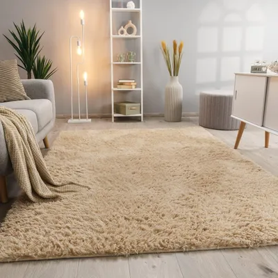 Produktbild von Hochflor Teppich Shaggy waschbar Unifarben Schlafzimmer schmutzabweisend Beige Rechteckig 140x200 | 100% Polyester | Florhöhe: 33 mm | pflegeleicht