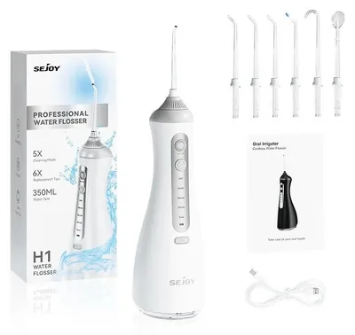 Produktbild von Munddusche - Wasserflosser - Kabellos & Tragbar - 350 ml Wassertank - 6 Modi - 1000 mAh Akku - Pulsstrahl - Mehrere Düsen - Weiß