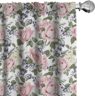 Obrázok produktu pre ABAKUHAUS Ružové závesy, záclony, kvety Ruže Jemný letný štýl Prírodná kytica, 2 kusy 75 x 225 cm, bledo ružová, zelená, modro-sivá