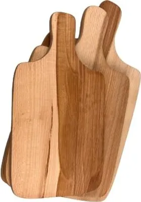 A stack of wooden cutting boards with handles, arranged diagonally.