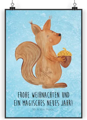 Produktbild von Mr. & Mrs. Panda Bild Eichhörnchen Weihnachtszeit DIN A3 - Eisblau - Geschenk, Weihnachten, Neujahr, Frohe, Plakat, drucke, Wandbild, Vogel, Guten Rutsch, wanddeko