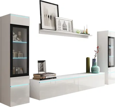 Produktbild von Minio, Wohnwand "VEVE 2", 4-Teilig, mit LED-Beleuchtung, hängend, stehend, Wohnzimmer, Weiss Matt / Weiss Glanz Farbe