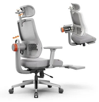 Zdjęcie produktu dla Ergonomiczne krzesło biurowe – MagicH-GPRO – podnóżek – samodopasowujące się oparcie z siatki – zagłówek 15 cm – podparcie lędźwiowe, regulacja wysokości i 3-stopniowa blokada – głębokość siedziska 37,5–47,5 cm
