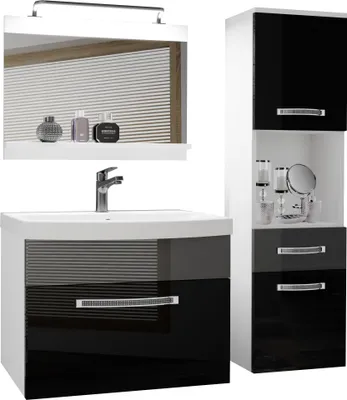 Immagine prodotto di Set completo di mobili da bagno BELINI mobile lavabo, mobile alto, lavabo, specchio, lampada (nero/argento, lucido)
