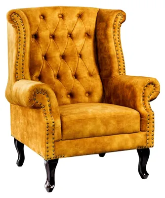 Produktbild von Ohrensessel im Chesterfield-Design 85cm senfgelb Samt mit Knopfheftung
