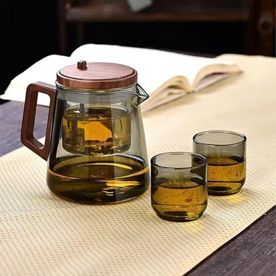 Obrázok produktu pre Elegantný sklenený hrniec s sitkom | Štýlový priehľadný hrniec s drevenou rukoväťou | Hrniec s sitkom na sypaný čaj a modernú prezentáciu na stole