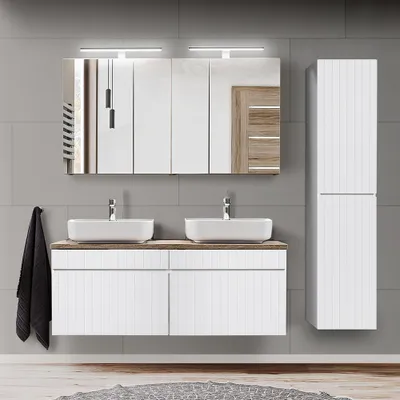 Produktbild von Badmöbel Set in weiß matt mit Vintage Eiche Nb. IRAKLIO-56 Doppel Waschtisch mit 2 Keramik Waschbecken, 2 LED-Spiegelschränke und Hochschrank, B/H/T: ca. 175/200/46 cm