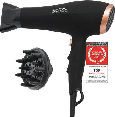 Image de Sèche-cheveux TZS First Austria, 2200 W, ions, coiffage en douceur, 3 niveaux de chaleur et 2 niveaux de ventilation, fonction Cool Shot pratique, diffuseur inclus, noir-rosé