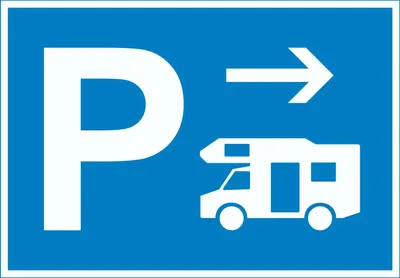 Produktbild von Wohnmobil Parkplatz Schild mit Richtungspfeil rechts waagerecht A6 (105x148mm)