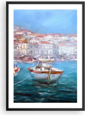 Produktbild von Gerahmtes Poster - Schwarzer Rahmen - Öl Boote Griechenland - 50x70 cm - Wand Bild - Wanddeko - Wandbilder - Kunstposter - Wandposter - Bilderrahmen - Bilder - Kunstdruck - P2BPA50x70-4467