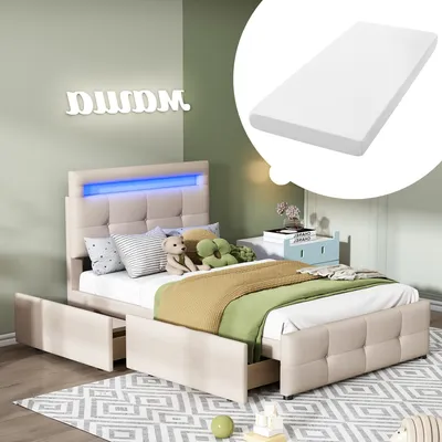 Obrázek produktu pro okwish čalouněná postel 90*200cm s LED osvětlením, 2 zásuvky, z lnu jednolůžko dětská postel postel pro mládež postel pro hosty béžová (s matrací)