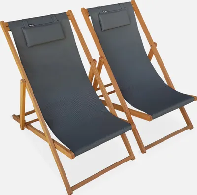 Immagine prodotto di Set 2 lettini prendisole in legno con cuscino poggiatesta, Antracite