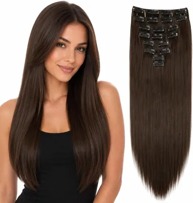 Imagen del producto de Extensiones de pelo con clip, 60 cm, de 8 piezas, color marrón, para alargar el cabello