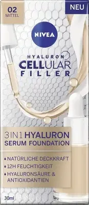 Produktbild von NIVEA 3w1 Hyaluron Serum Foundation medium (30 ml), makijaż anti-age dla młodszego wyglądu skóry, nawilża i nadaje naturalnie wyrównany koloryt cery