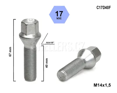 Obrázok produktu pre Skrutka kolesa M14x1,5x40 s kužeľom, kľúč 17, C17D40F výška 67 mm