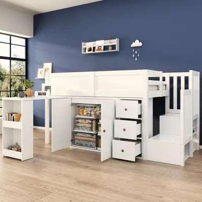 Produktbild von MODFU Kinderbett,Hochbett Jugendbett 90x200cm Multifunktionales Kinderbett, mit Ausziehbarem Schreibtisch  mit Schrank und Schublade, mit Treppe und Treppenschrank, Ohne Matratze, Weiß