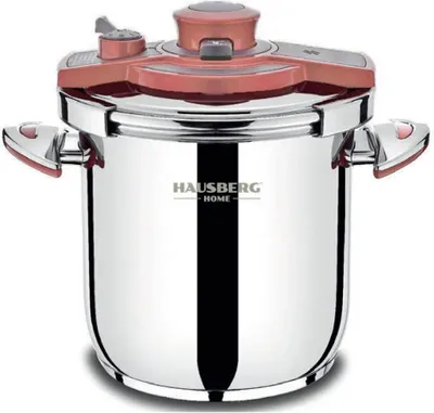 Produktbild von Schnellkochtopf HAUSBERG HB-H 309, 9 Liter, 18/10 Edelstahl, Induktion, Dreifachboden, Silber-Rot