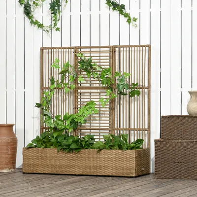 Produktbild von Blumenkasten mit Rankgitter wetterfest, Hochbeet Spalier PE-Rattan Stahl, Sand | 103 x 29 x 103 cm | 6 kg | pulverbeschichtet