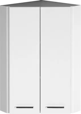 A white corner cabinet with two doors, shown against a white background.