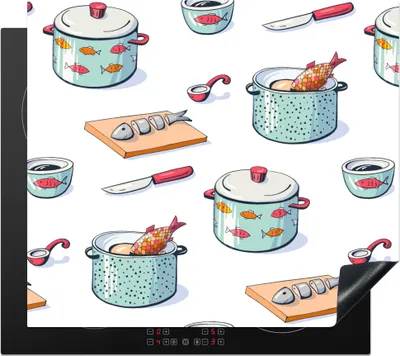 Produktbild von KitchenYeah© Herdabdeckplatte Muster - Kochen - Fisch - Pfanne , 57x51cm, Küche Deko, Glaskeramikkochfeld Herdabdeckung, Abdeckplatte fùr Kochfeld