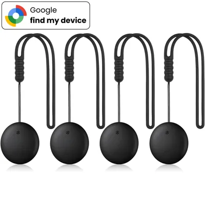 Four black 'find my device' trackers with loop straps are arranged in a row against a white background, with the Google 'find my device' logo in the upper left corner.