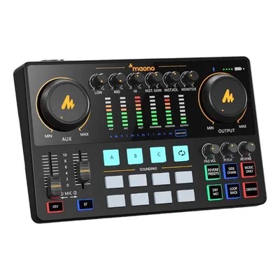 A black audio mixer with orange and white accents, displaying various buttons, knobs, and sliders.