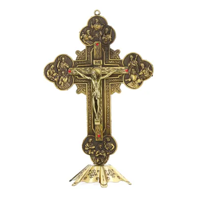 Imagen del producto de Crucifijo de bronce con base estable, con detalles en rojo, estilo vintage, decoración metálica decorativa para la mesa, regalo católico