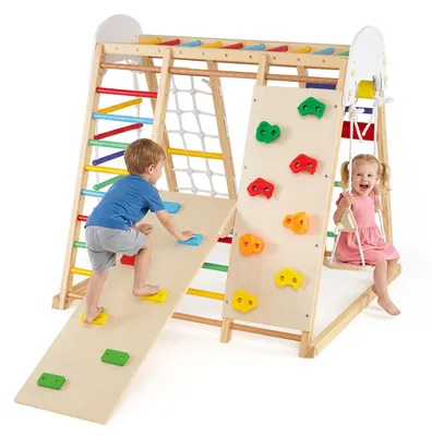 Produktbild von COSTWAY 8 in 1 Klettergerüst Holz, Klappbares Kletterspielzeug Set mit Hangelgerüst,Klettersteine,Kletterrampe,Kletternetz,Kletterseil,Leiter&Schaukel