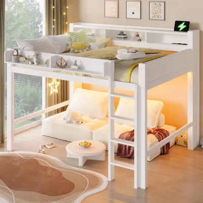 Image de Lit superposé 140x200 cm avec 3 tiroirs, étagères, éclairage LED et port USB, échelle intégrée et barrière de sécurité, en pin et MDF, de couleur blanche