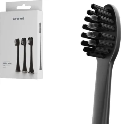 Produktbild von Zahnheld Bürstenkopf Ersatzbürsten Basic Mini - ideal für Schallzahnbürste Gero, 3 Stück, Schwarz, schmale Wechselköpfe, plastikfrei verpackt