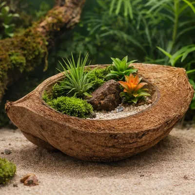 Produktbild von Kokosnussschale halbiert Deko Natur Terrarium Schale Pflanzgefäß Kokosschale