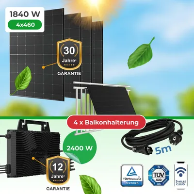 Produktbild von 1840W Balkonkraftwerk Mit 2400W Wechselrichter mit WiFi & Bluetooth, Drosselbar 800–2000W einstellbar, inkl. Balkonhalterung für Balkongeländer