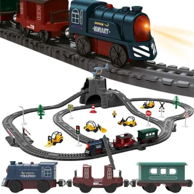 Image de WOOPIE Circuit de train électrique rétro : locomotive + 2 wagons – Coffret de 76 pièces