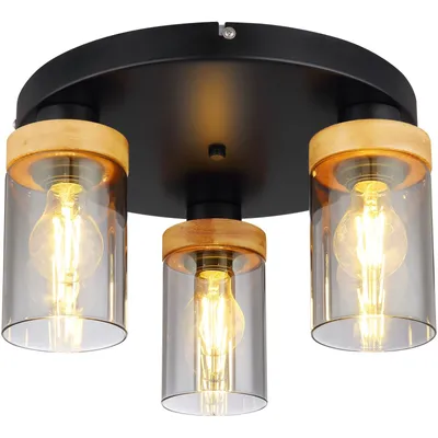 Zdjęcie produktu dla Globo Lighting lampa sufitowa metal czarny mat, drewno ciemny brąz, szkło kolor dymny, ø: 390mm, H: 210mm, bez 3x E27 40W 230V