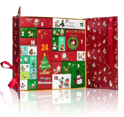 Image de Calendrier de l'Avent à remplir, avec 24 boîtes, de couleur rouge, dimensions : 33 x 30 x 8,5 cm