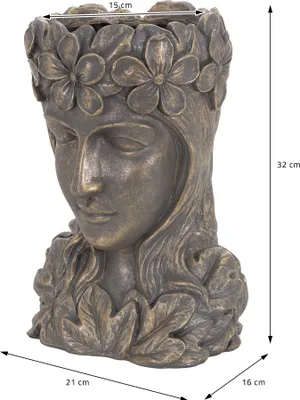 A bronze-colored planter shaped like a woman's head, adorned with flowers and leaves, with dimensions indicated.