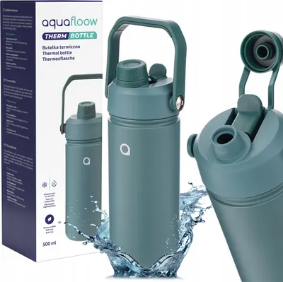 A collage of images showing a teal colored thermal water bottle and its packaging. One image shows the bottle with water splashing around it, another shows a close-up of the lid, and the packaging is visible on the left.