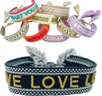Produktbild von LS-LebenStil Canvas Statement Armband LOVE Blau Gold besticktes Stoffarmband gewebt textiles Quasten Spruch Boho Geschenk Freundschaftsarmband