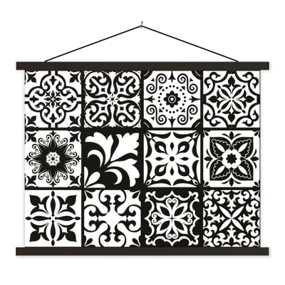 Produktbild von MuchoWow® Textilposter Muster - Schwarz - Weiß - Blumen - Abstrakt 150x113 cm mit schwarzem Rahmen - Wohnzimmer