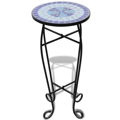 A mosaic-topped side table with a black metal stand, shown against a white background.